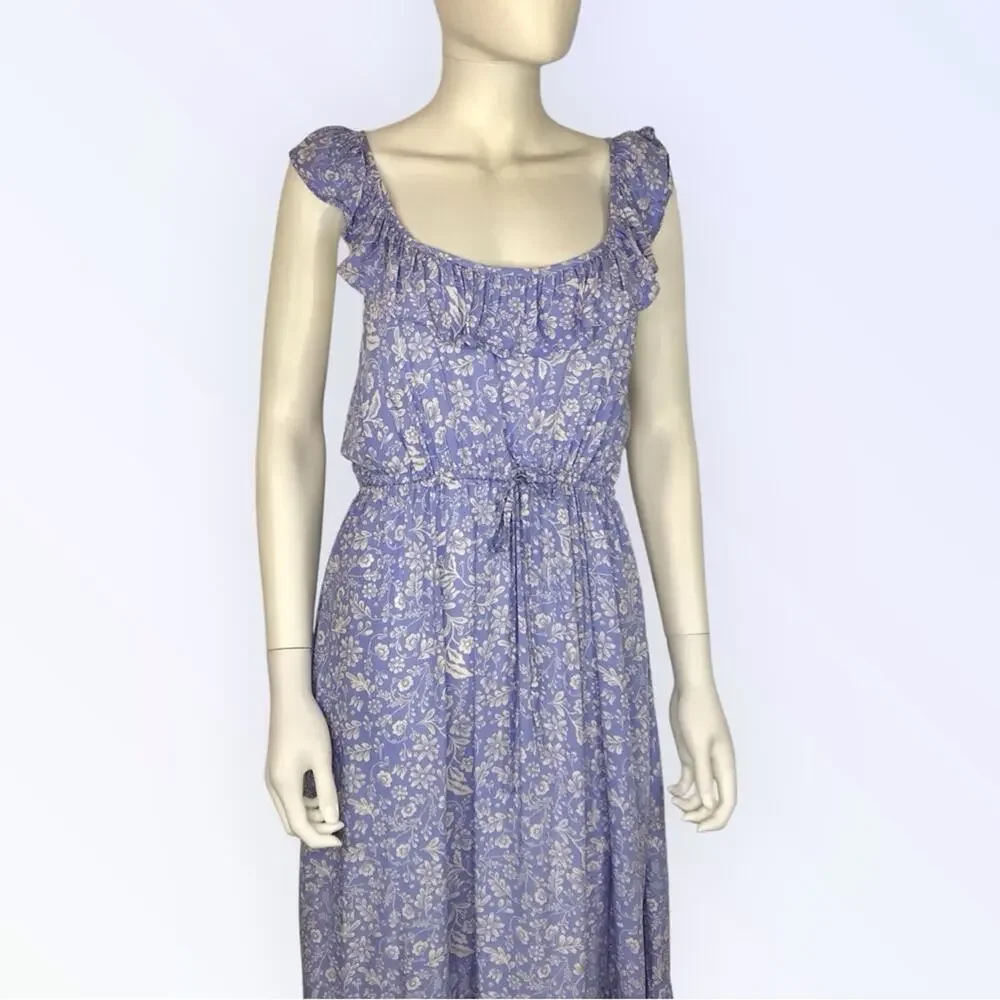 J Crew Blue & White Floral Midi Dress Ruffle Cottagecore Summer Dress